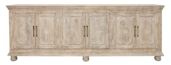 HomeRoots 103" Antiqued White Distressed Solid Wood Sideboard with Floral Carvings & Ample Storage Space 625714