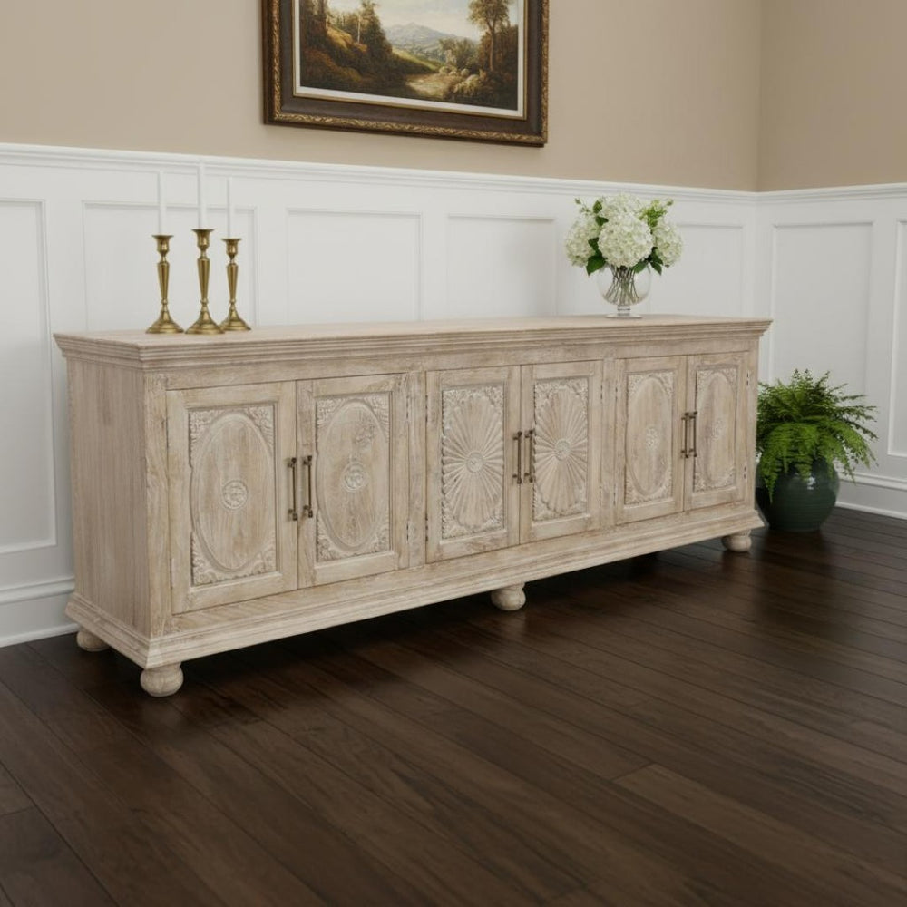HomeRoots 103" Antiqued White Distressed Solid Wood Sideboard with Floral Carvings & Ample Storage Space 625714