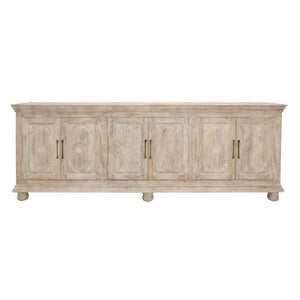 HomeRoots 103" Antiqued White Distressed Solid Wood Sideboard with Floral Carvings & Ample Storage Space 625714
