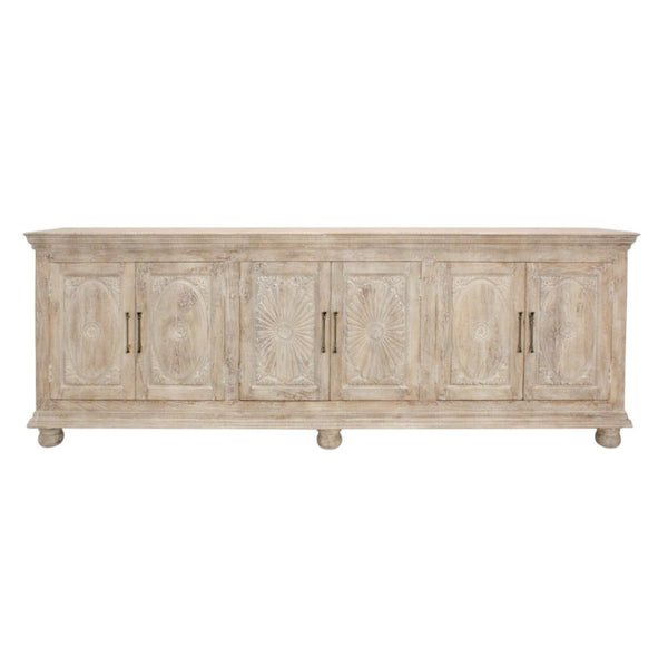 HomeRoots 103" Antiqued White Distressed Solid Wood Sideboard with Floral Carvings & Ample Storage Space 625714