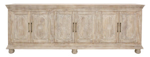 HomeRoots 103" Antiqued White Distressed Solid Wood Sideboard with Floral Carvings & Ample Storage Space 625714