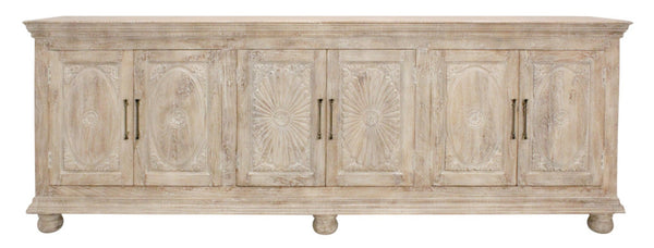 HomeRoots 103" Antiqued White Distressed Solid Wood Sideboard with Floral Carvings & Ample Storage Space 625714