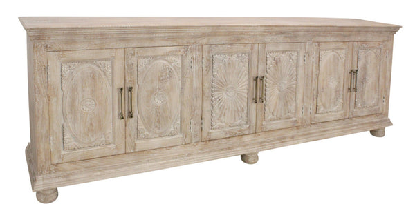 HomeRoots 103" Antiqued White Distressed Solid Wood Sideboard with Floral Carvings & Ample Storage Space 625714