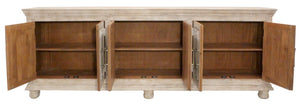 HomeRoots 103" Antiqued White Distressed Solid Wood Sideboard with Floral Carvings & Ample Storage Space 625714