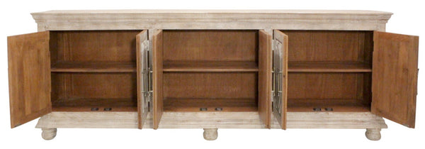 HomeRoots 103" Antiqued White Distressed Solid Wood Sideboard with Floral Carvings & Ample Storage Space 625714
