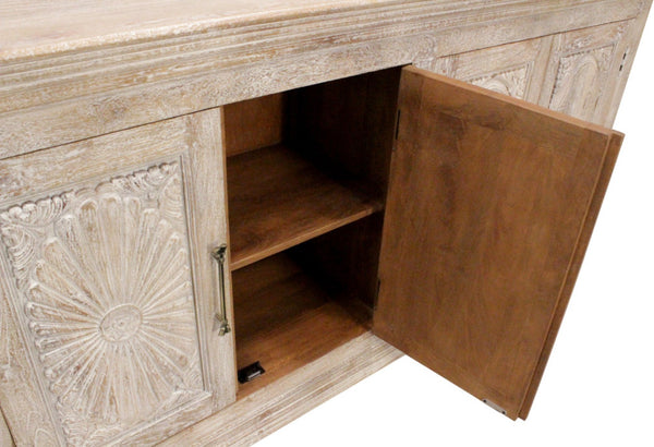 HomeRoots 103" Antiqued White Distressed Solid Wood Sideboard with Floral Carvings & Ample Storage Space 625714