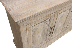 HomeRoots 103" Antiqued White Distressed Solid Wood Sideboard with Floral Carvings & Ample Storage Space 625714