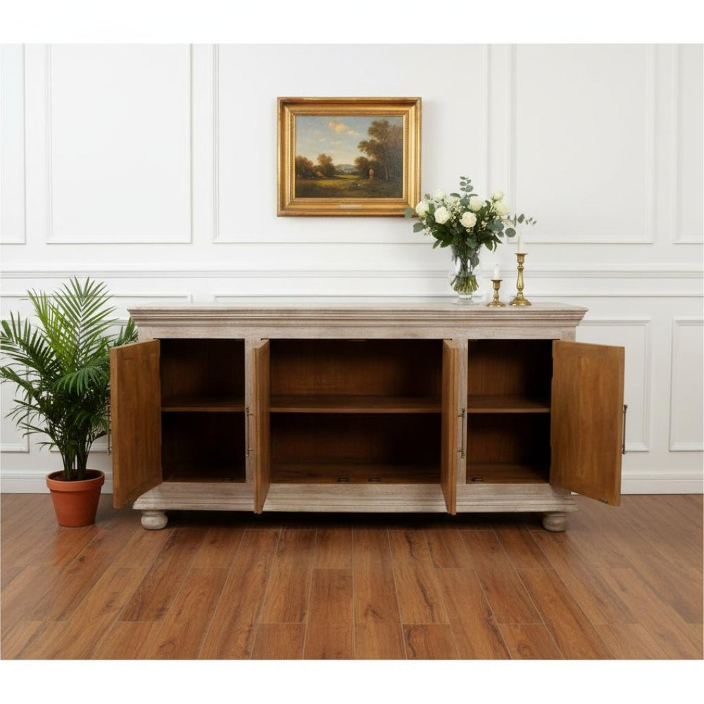 HomeRoots 73" Antique White Distressed Solid Wood Sideboard – Hand-Carved Floral Elegance & Ample Storage Solutions 625715