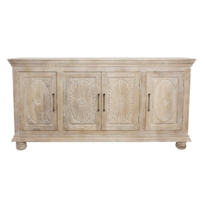 HomeRoots 73" Antique White Distressed Solid Wood Sideboard – Hand-Carved Floral Elegance & Ample Storage Solutions 625715