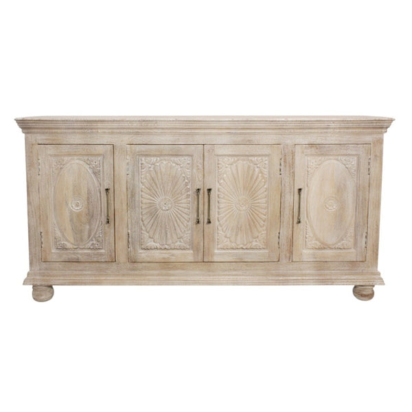HomeRoots 73" Antique White Distressed Solid Wood Sideboard – Hand-Carved Floral Elegance & Ample Storage Solutions 625715