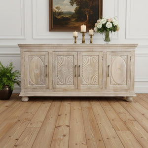 HomeRoots 73" Antique White Distressed Solid Wood Sideboard – Hand-Carved Floral Elegance & Ample Storage Solutions 625715