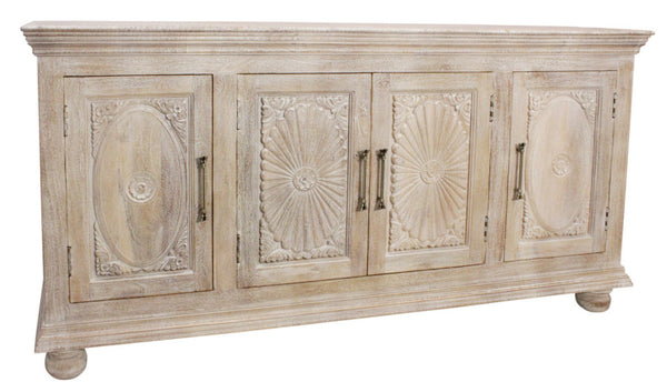 HomeRoots 73" Antique White Distressed Solid Wood Sideboard – Hand-Carved Floral Elegance & Ample Storage Solutions 625715