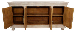 HomeRoots 73" Antique White Distressed Solid Wood Sideboard – Hand-Carved Floral Elegance & Ample Storage Solutions 625715