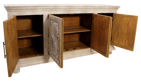 HomeRoots 73" Antique White Distressed Solid Wood Sideboard – Hand-Carved Floral Elegance & Ample Storage Solutions 625715