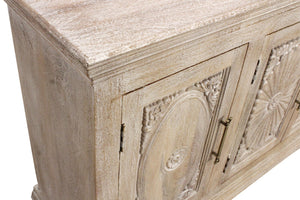 HomeRoots 73" Antique White Distressed Solid Wood Sideboard – Hand-Carved Floral Elegance & Ample Storage Solutions 625715