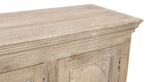 HomeRoots 73" Antique White Distressed Solid Wood Sideboard – Hand-Carved Floral Elegance & Ample Storage Solutions 625715