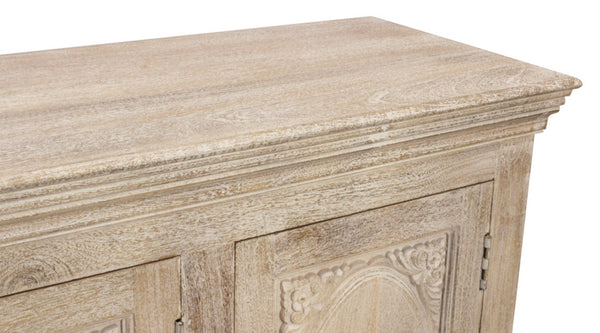 HomeRoots 73" Antique White Distressed Solid Wood Sideboard – Hand-Carved Floral Elegance & Ample Storage Solutions 625715