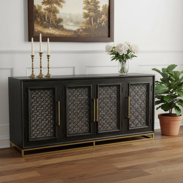 HomeRoots 76" Black Distressed Solid Wood Sideboard with Geometric Carvings, Gold Hardware & Ample Storage 625716