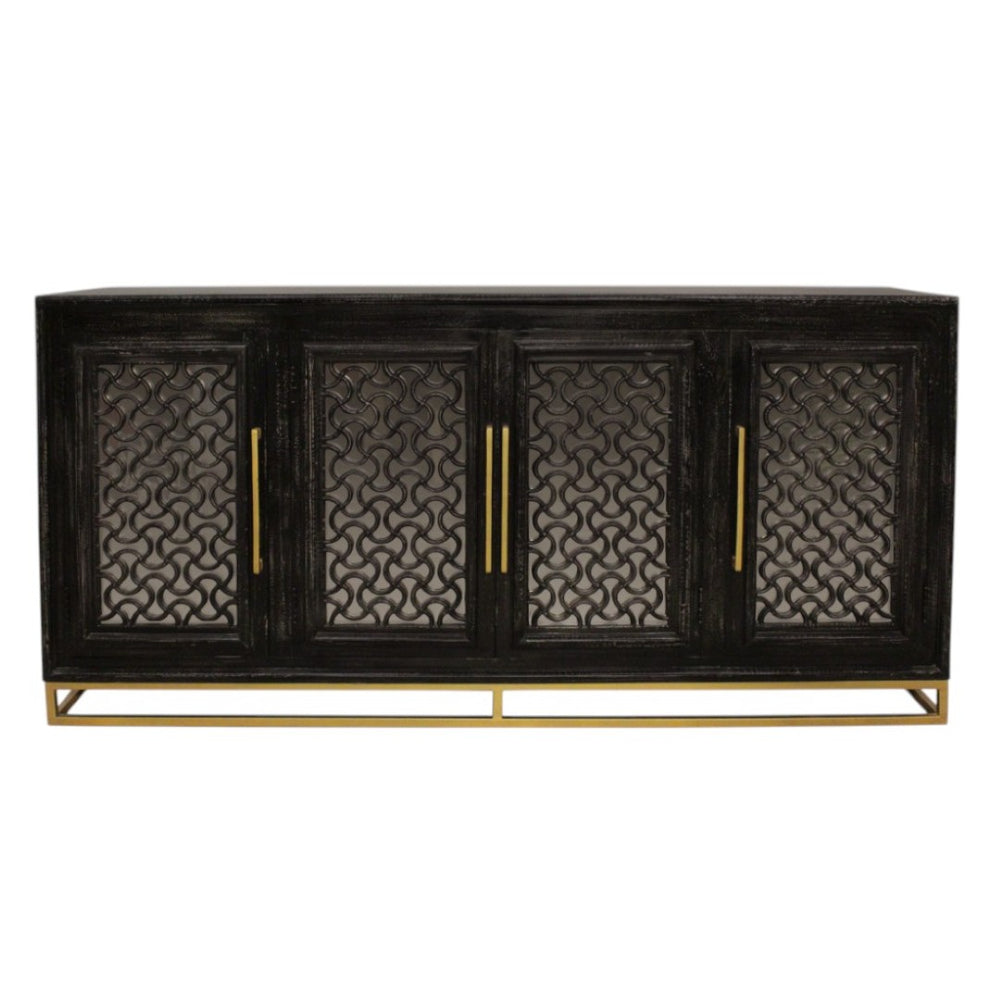 HomeRoots 76" Black Distressed Solid Wood Sideboard with Geometric Carvings, Gold Hardware & Ample Storage 625716