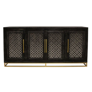 HomeRoots 76" Black Distressed Solid Wood Sideboard with Geometric Carvings, Gold Hardware & Ample Storage 625716