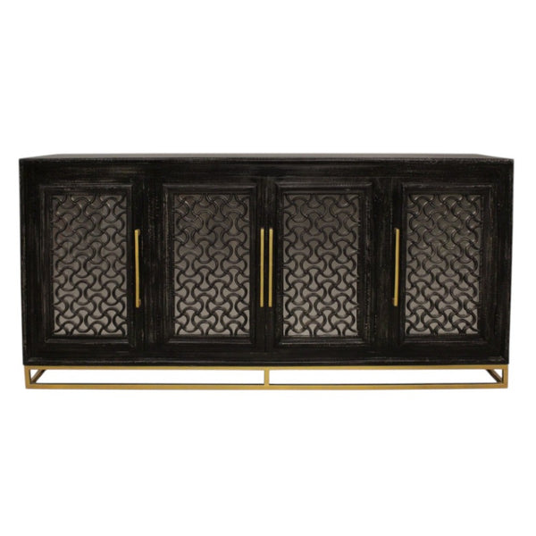 HomeRoots 76" Black Distressed Solid Wood Sideboard with Geometric Carvings, Gold Hardware & Ample Storage 625716