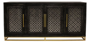 HomeRoots 76" Black Distressed Solid Wood Sideboard with Geometric Carvings, Gold Hardware & Ample Storage 625716