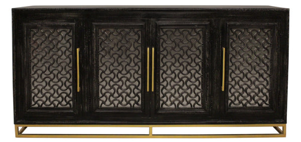 HomeRoots 76" Black Distressed Solid Wood Sideboard with Geometric Carvings, Gold Hardware & Ample Storage 625716