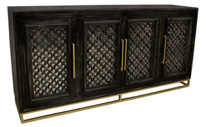 HomeRoots 76" Black Distressed Solid Wood Sideboard with Geometric Carvings, Gold Hardware & Ample Storage 625716