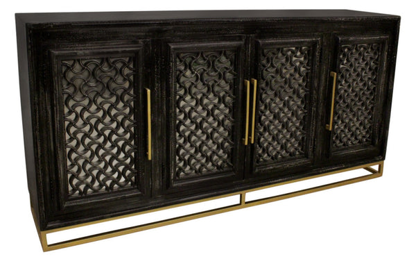 HomeRoots 76" Black Distressed Solid Wood Sideboard with Geometric Carvings, Gold Hardware & Ample Storage 625716