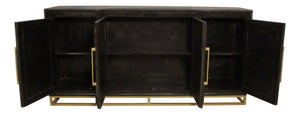 HomeRoots 76" Black Distressed Solid Wood Sideboard with Geometric Carvings, Gold Hardware & Ample Storage 625716