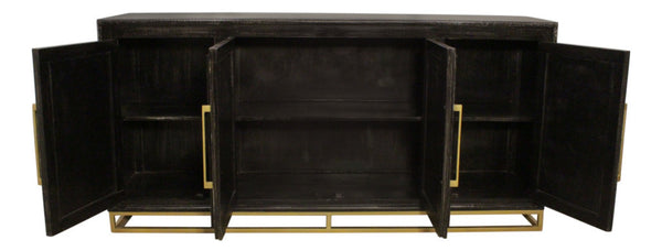 HomeRoots 76" Black Distressed Solid Wood Sideboard with Geometric Carvings, Gold Hardware & Ample Storage 625716