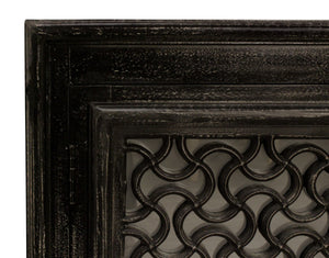 HomeRoots 76" Black Distressed Solid Wood Sideboard with Geometric Carvings, Gold Hardware & Ample Storage 625716