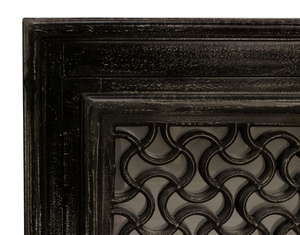 HomeRoots 76" Black Distressed Solid Wood Sideboard with Geometric Carvings, Gold Hardware & Ample Storage 625716