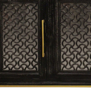 HomeRoots 76" Black Distressed Solid Wood Sideboard with Geometric Carvings, Gold Hardware & Ample Storage 625716