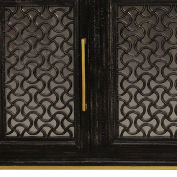 HomeRoots 76" Black Distressed Solid Wood Sideboard with Geometric Carvings, Gold Hardware & Ample Storage 625716