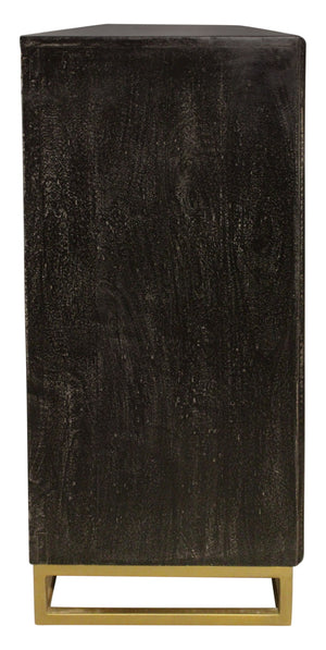 HomeRoots 76" Black Distressed Solid Wood Sideboard with Geometric Carvings, Gold Hardware & Ample Storage 625716