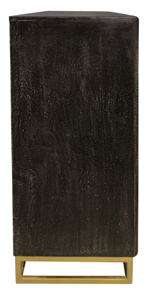 HomeRoots 76" Black Distressed Solid Wood Sideboard with Geometric Carvings, Gold Hardware & Ample Storage 625716