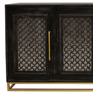 HomeRoots 76" Black Distressed Solid Wood Sideboard with Geometric Carvings, Gold Hardware & Ample Storage 625716
