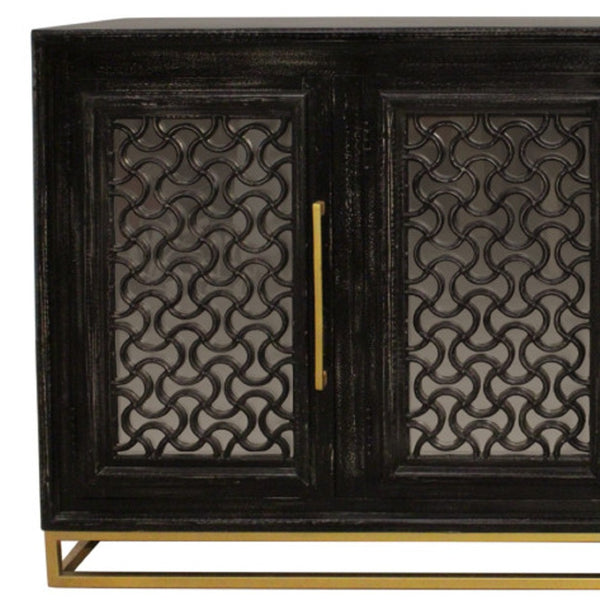 HomeRoots 76" Black Distressed Solid Wood Sideboard with Geometric Carvings, Gold Hardware & Ample Storage 625716