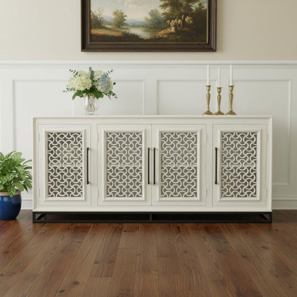 HomeRoots 76" Antiqued White Distressed Solid Wood Sideboard with Geometric Carvings & Mirrored Doors for Storage 625717