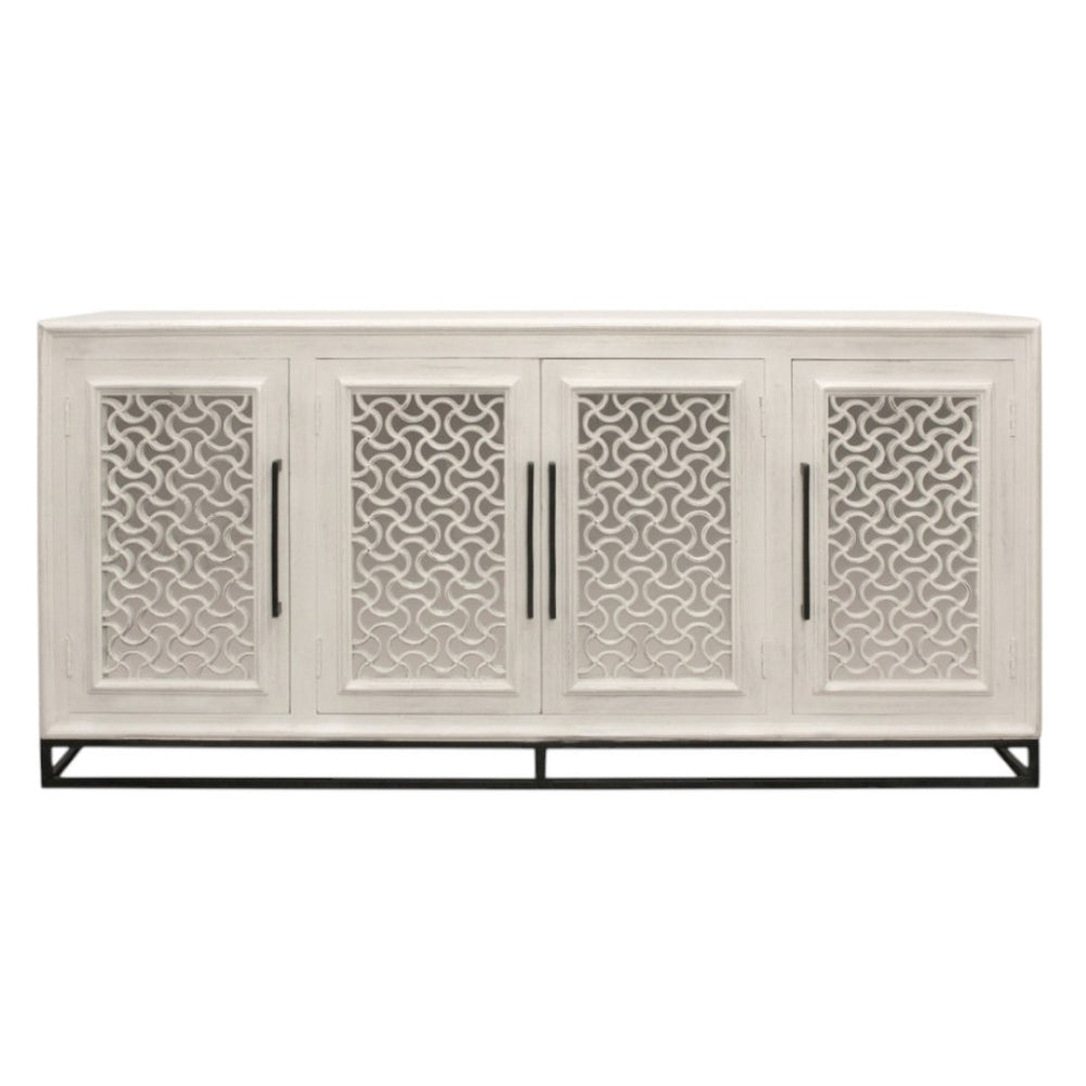 HomeRoots 76" Antiqued White Distressed Solid Wood Sideboard with Geometric Carvings & Mirrored Doors for Storage 625717