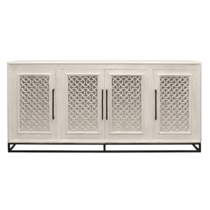 HomeRoots 76" Antiqued White Distressed Solid Wood Sideboard with Geometric Carvings & Mirrored Doors for Storage 625717