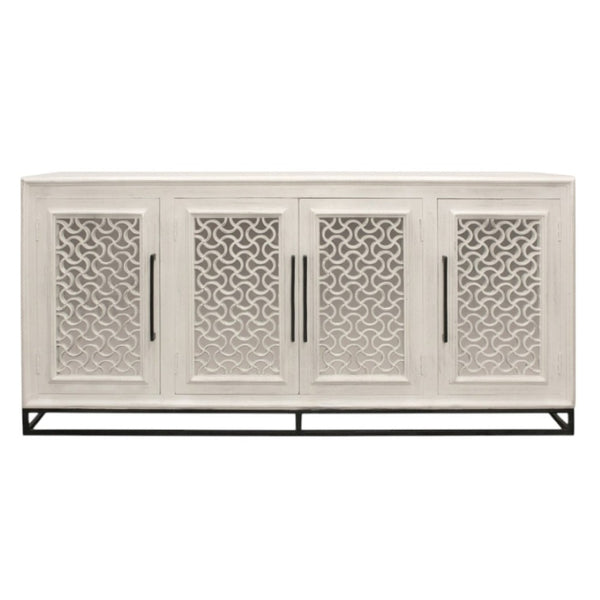 HomeRoots 76" Antiqued White Distressed Solid Wood Sideboard with Geometric Carvings & Mirrored Doors for Storage 625717
