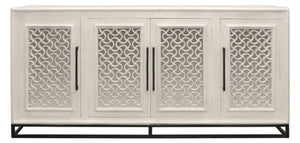 HomeRoots 76" Antiqued White Distressed Solid Wood Sideboard with Geometric Carvings & Mirrored Doors for Storage 625717
