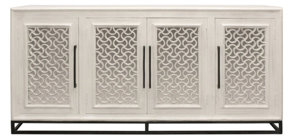 HomeRoots 76" Antiqued White Distressed Solid Wood Sideboard with Geometric Carvings & Mirrored Doors for Storage 625717