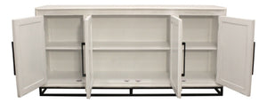 HomeRoots 76" Antiqued White Distressed Solid Wood Sideboard with Geometric Carvings & Mirrored Doors for Storage 625717