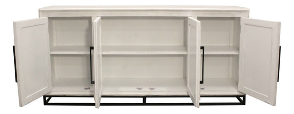 HomeRoots 76" Antiqued White Distressed Solid Wood Sideboard with Geometric Carvings & Mirrored Doors for Storage 625717