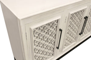 HomeRoots 76" Antiqued White Distressed Solid Wood Sideboard with Geometric Carvings & Mirrored Doors for Storage 625717