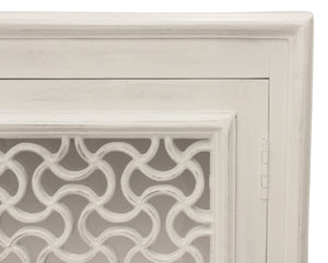 HomeRoots 76" Antiqued White Distressed Solid Wood Sideboard with Geometric Carvings & Mirrored Doors for Storage 625717