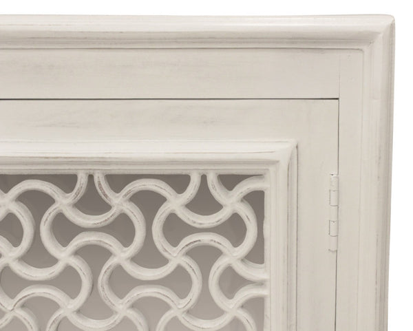 HomeRoots 76" Antiqued White Distressed Solid Wood Sideboard with Geometric Carvings & Mirrored Doors for Storage 625717